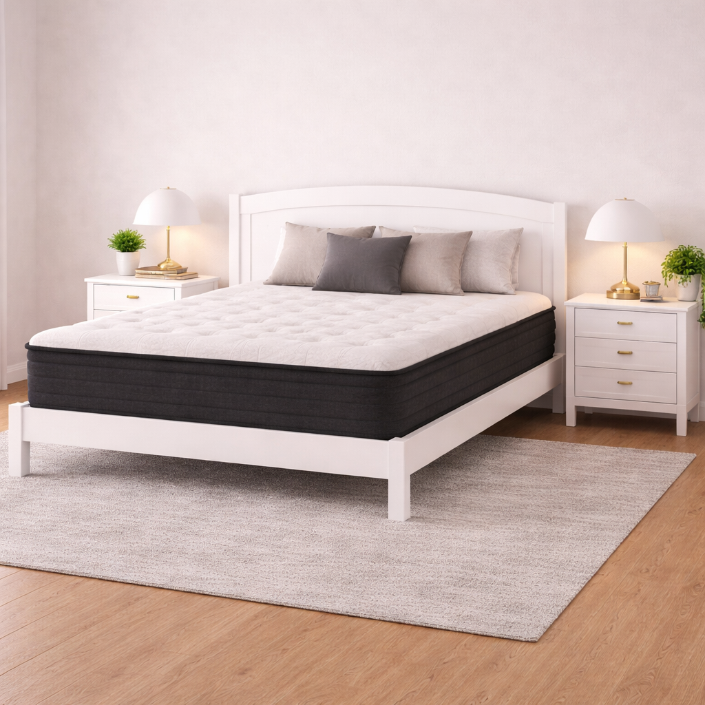 Bed with a mattress in a bedroom setting