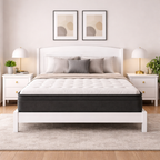 Bed with white mattress and gray bedding in a bedroom setting.
