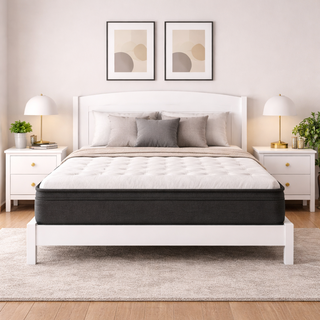 Bed with white mattress and gray bedding in a bedroom setting.