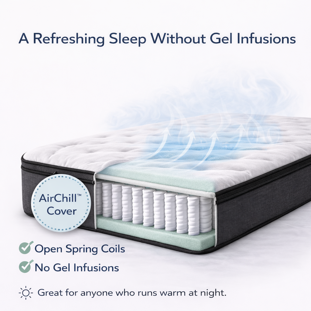 Mattress with AirChill cover on a white background, highlighting features like open spring coils and no gel infusions.
