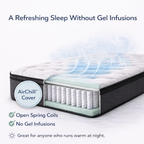 Mattress with AirChill cover on a white background, highlighting features like open spring coils and no gel infusions.