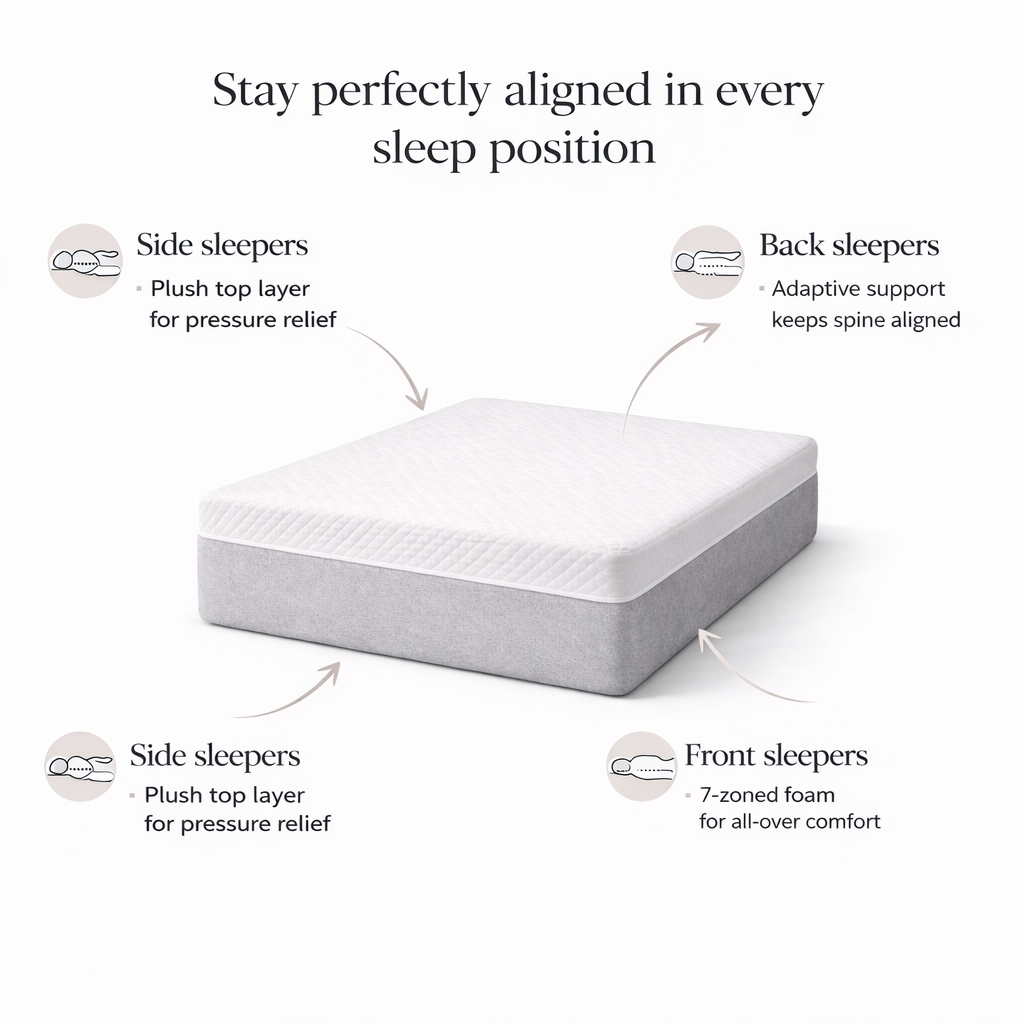 Mattress with features highlighted for different sleep positions on a white background