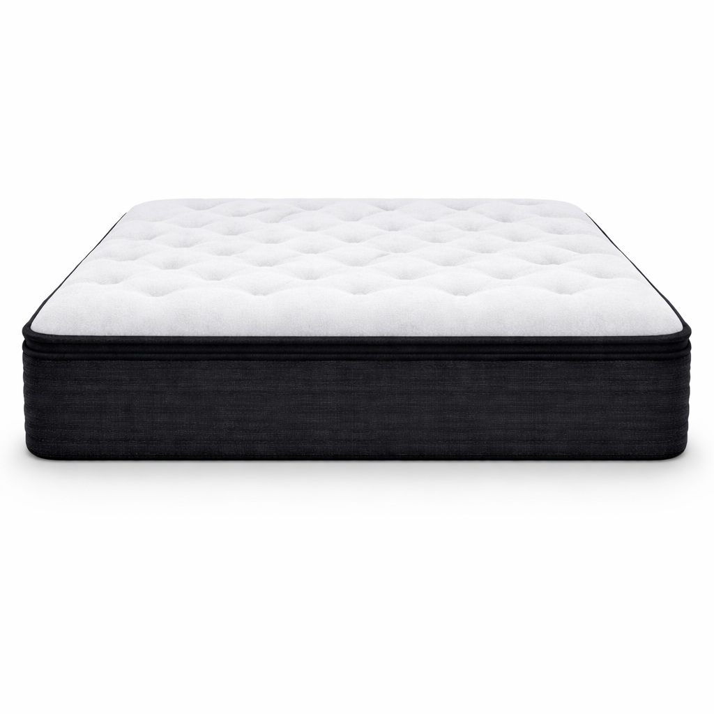 Mattress with white top and black sides on a white background