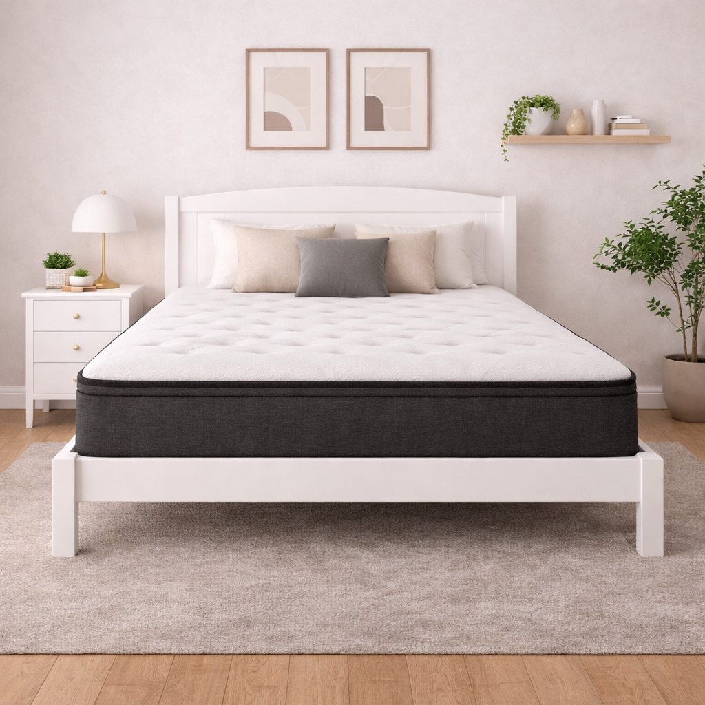 White bed with black mattress in a bedroom setting